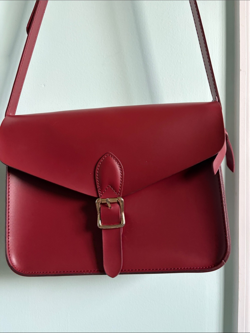 Angela Roi Deep Burgundy Leather Shoulder Bag with Gold Buckle